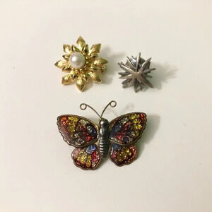 Lot of 3 Pins Butterfly Brooch  Flower Floral Starburst